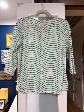 Chico's Green and White V-Neck Striped Long Sleeve Top
